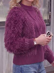 Fashionable Spring/Autumn New Stand Collar Fuzzy Trim Long Sleeve Sweater - Purple - View 3