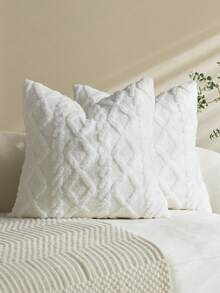 2pcs White Decorative Artificial Wool Pillow Covers (Pillow Inner Not Included), Soft Short Plush Sheep Wool Square Pattern Cushion Covers, Modern Decor For Sofa, Home Bedroom, Dorm - White 2pcs - View 2