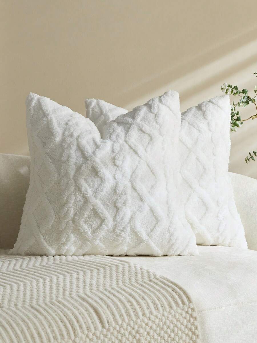 2pcs White Decorative Artificial Wool Pillow Covers (Pillow Inner Not Included), Soft Short Plush Sheep Wool Square Pattern Cushion Covers, Modern Decor For Sofa, Home Bedroom, Dorm