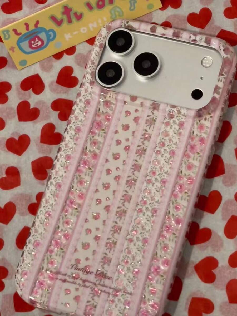 Girl Gold-Plated Gentle Floral INS Style Phone Case Compatible With IPhone 15, 17 Pro, 17 Pro Max, 16 Pro Max, 17 New Model Full Coverage Protective Cover, 15 Pro Soft Hand-Carried - Pink - View 1