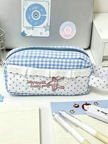 1pc Blue Plaid Lace Pencil Case, Star Embroidery Polka Dot Print Stationery Bag, Large Capacity Cute Pencil Pouch, Student Back T, First Day Of School - Multicolor - View 1
