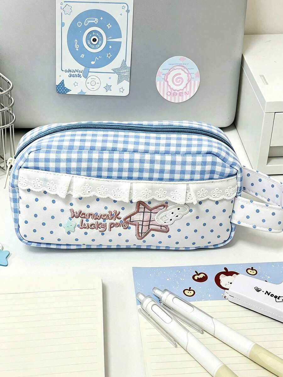 1pc Blue Plaid Lace Pencil Case, Star Embroidery Polka Dot Print Stationery Bag, Large Capacity Cute Pencil Pouch, Student Back T, First Day Of School - Multicolor - View 1