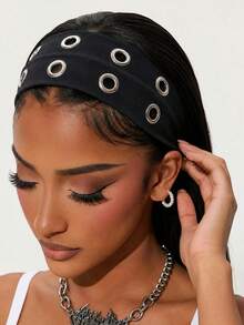 1Pc Women's Punk Gothic Hollow Out Wide Headband, Soft Non-Slip Elastic Stretch Hair Band For Yoga, Sports, Beach, Workout & Daily Casual Wear - Black - View 2