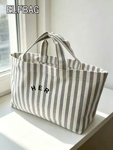 Casual Minimalist Letter Canvas Tote Bag, Striped Pattern Handbag, High Cost-Effective For Outdoor Shopping, Fashion Versatile Suitable For Moms, Students, Office Workers - Grey - View 2