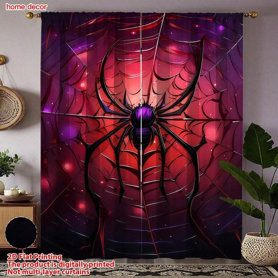 2 Panels Scary Spider Pattern Curtains, Light‑Filtering Rod Pocket Decorative Curtains,Curtains For Living Room,Curtains For Bedroom,Room Decor,Fall Curtains Living Room,Halloween Decor,Fall Style - WSJ-271 - View 1