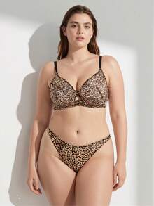 Rosiemei 1pc Set Women Plus Size Solid Leopard Print Seamless Lingerie Bra And Panty Set, Lift - Multicolor - View 1