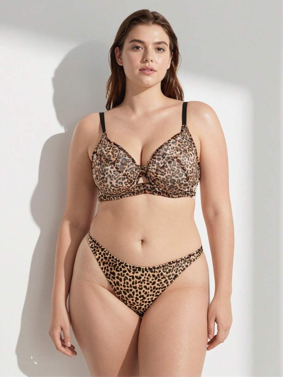 Rosiemei 1pc Set Women Plus Size Solid Leopard Print Seamless Lingerie Bra And Panty Set, Lift - Multicolor - View 1