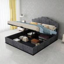 Modern Minimalist Upholstered Bed, Comfortable And Soft Headboard, Multifunctional Bedroom Furniture, High Box Spring Bed Frame With Gas-Pressure Spring, Including 140*200cm Mattress. - 灰色 - 查看 4