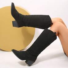 2026 Autumn New Ruched Boots, Women's Mid-Calf Denim Knee-High Boots, Western Style Tall Boots, Pointed Toe Chunky Square Heel Relaxed High-Shaft Boots, Black Disco Party Dress Boots, Suitable For Nightclub Outings - Black - View 7
