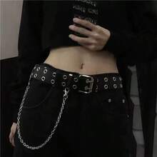 1 chiếc thắt lưng trang trí quần jean denim nam phong cách punk màu bạc, khóa vuông, hai lỗ xỏ - màu đen - Xem 1
