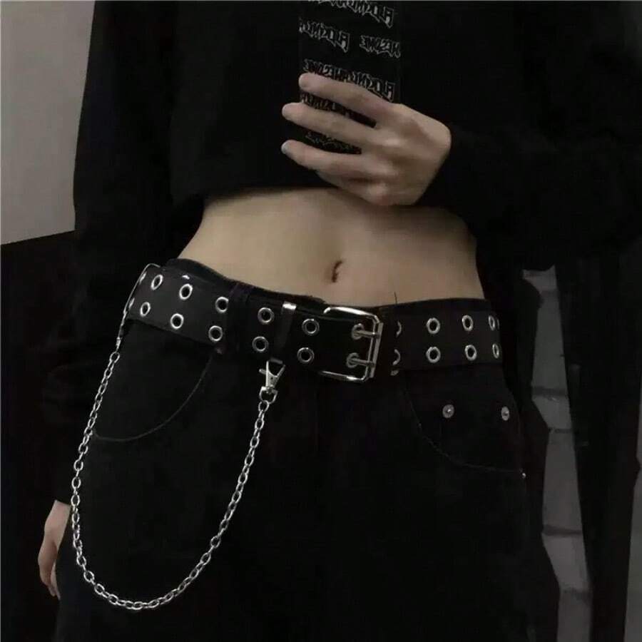 1 chiếc thắt lưng trang trí quần jean denim nam phong cách punk màu bạc, khóa vuông, hai lỗ xỏ - màu đen - Xem 1