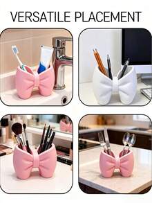 1pc Cute Bow-Shaped Storage Rack, Dual-Compartment Storage Cup, Multi-Functional Bathroom Toothbrush & Toothpaste Holder, Vanity Makeup Brush Holder, Bedroom & Kitchen Countertop Decorative Desktop Pen Holder Storage Box - 1pc Pink - View 8