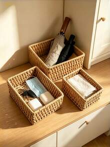 1/3pcs Handmade Woven Rattan Storage Tray Desktop Organizer, Suitable For Cosmetics, Keys, Jewelry, Stationery And Other Small Daily Items, Multi-Functional Stackable, Rustic Natural Woven Rattan Finish, Versatile Fashionable, Suitable For Home Living Room Bedroom Study Office Desktop - Camel - View 6