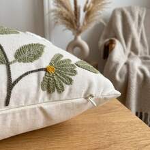1pc Embroidered Botanical Floral Throw Pillow Cover, Sage Green Daisy Tufted Cushion Case, Boho Farmhouse Decorative Pillowcase For Couch Living Room Home Decor (Without Insert) - Sage Green - View 6