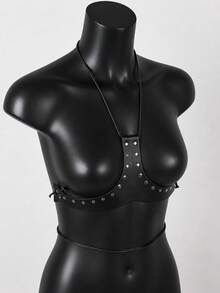 1件女款黑色龐克風倒Y型PU皮革細肩帶胸部束帶身體飾品，適合音樂節、派對、演唱會與表演 - 黑色 - 查看 3
