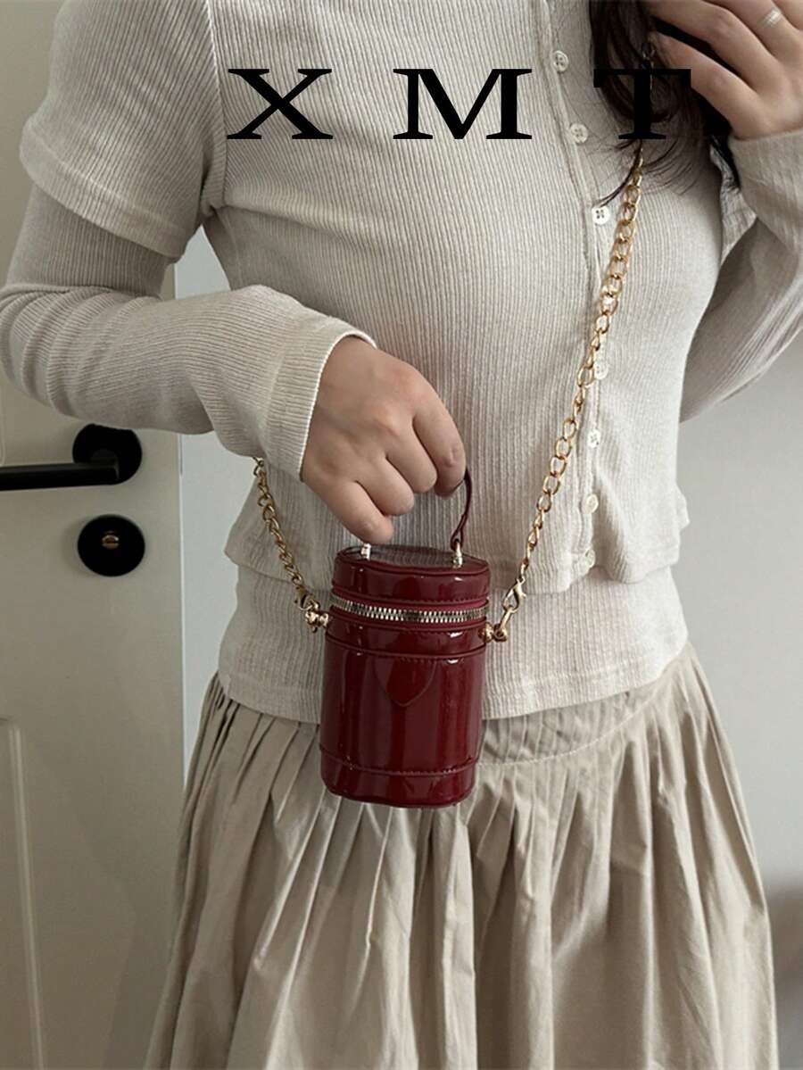 Tas Ember Rantai Kulit Paten Warna Polos Mini, Ukuran Mini, Bisa Digenggam & Diselempangkan, Tas Kosmetik, Tempat Lipstik - Burgundy - View 1