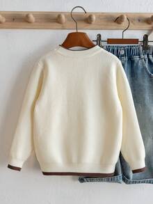 Boys Round Neck Long Sleeve Knit Sweater With Chest Pocket, Contrast Color Stripe Accents, Simple Casual Versatile Pullover, Suitable For School Daily Wear In Autumn/Winter - Apricot - View 2