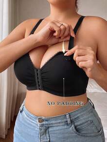 1pc Casual Women's Comfortable Minimalist Non-Padded Knit Fabric Front Closure Nursing Bra Plus Size - Black - View 4