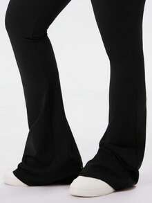 NcmRyu Women's 1pc Plus Size Solid Color Elastic High Waist Flare Pants, Autumn/Winter - Black - View 5