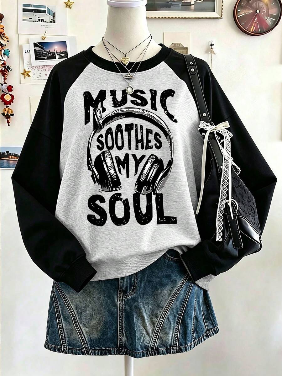 Girls Raglan Sweatshirt, Music Soothes My Soul Headphone Graphic Long Sleeve Crewneck Pullover, Tween Casual Top - Multicolor - View 1