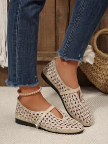 Women's Hollow Embroidery V-Cut Mary Jane Shoes, Adjustable Buckle, Soft Breathable Lightweight Daily Commute Casual Shoes - Beige - View 7