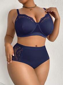 Plus Size Women Knitted Comfortable Lingerie Set - Royal Blue - View 3