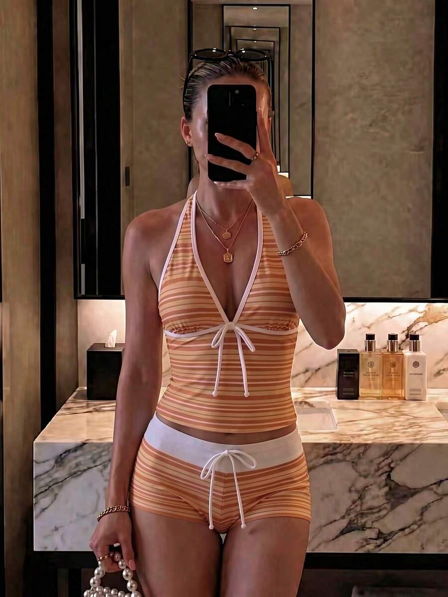 New Summer Fresh Sweet Cute Style Orange & Yellow Striped Halter Neck Bikini Set With Hipster Bottoms For Beach Vacation And Leisure - Multicolor - View 1