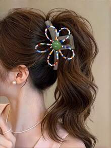 1Pc Colorful Beaded Flower Hair Claw Clip, Cute Floral Hair Jaw Clip, Ponytail Holder Hair Accessories For Women - Multicolor - View 3