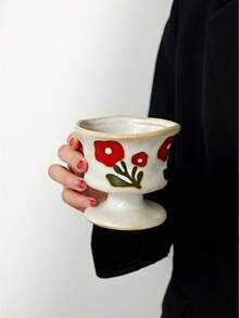 1pc Handmade Vintage Floral Ceramic Mug, Asymmetrical Small Flower Coffee & Dessert Cup - Multicolor - View 7