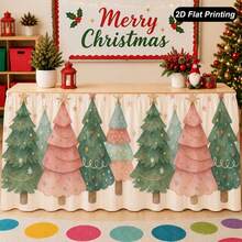Pastel Christmas Tree Print Round Table Skirt, Cute Pink And Green Holiday Decoration, 2D Flat Printing Polyester Table Cover For Kids Christmas Party, Family Dinner And Winter Home Decor - A - View 3