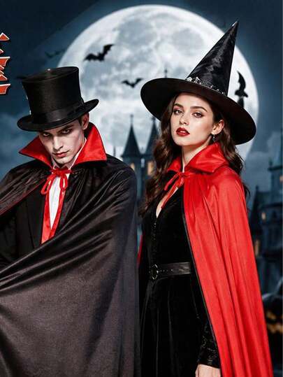 Capa de la Parca Medieval de Halloween, Disfraz de Doble Capa Negro & Rojo, Capa de la Parca con Cuello Alto Rojo & Negro, Capa de Pirata, Capa de Bruja, Accesorio de Disfraz para Fiesta de Cosplay, Capa de Vampiro