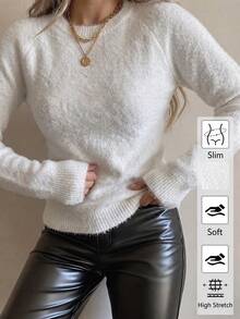 Women's White Fluffy Soft Raglan Round Neck Fitted Short Knit Sweater, Sexy Gentle Style Knit Top Fall - White - View 3