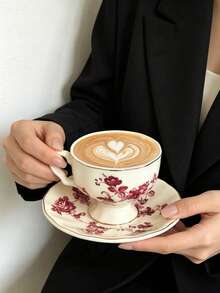 1pc Vintage Gold Rim Floral Ceramic Coffee Cup & Saucer, European Style Tall Latte Cup, Espresso Cup & Saucer Set For Home Afternoon Tea - Multicolor - View 5