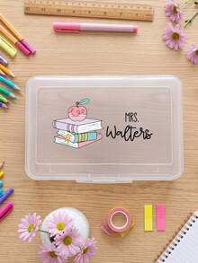 1pc Personalized Custom Name Clear Plastic Pencil Box, Cute Cartoon Print Stationery Storage Case, Stackable Transparent Pen Organizer, Back To School Gift For School Supplies - Multicolor - View 7