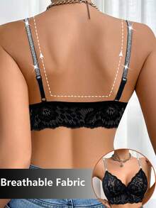 1pc Women's Casual Solid Color Lace Patchwork Sexy & Comfortable Minimalist Sports Bra - Black - View 2
