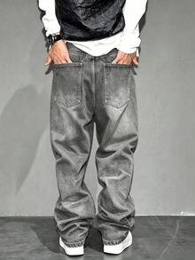 Men's American Vintage Distressed Ripped Loose Fit Washed Denim Jeans - Grey - View 2