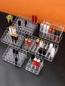 1pc/Lipstick Storage Box, Simple Transparent Plastic Multi-Grid Cosmetic Storage Box, Perfume Lipstick Organizer, Daily Dressing Table Skincare Sample Display Rack - Clear - View 2