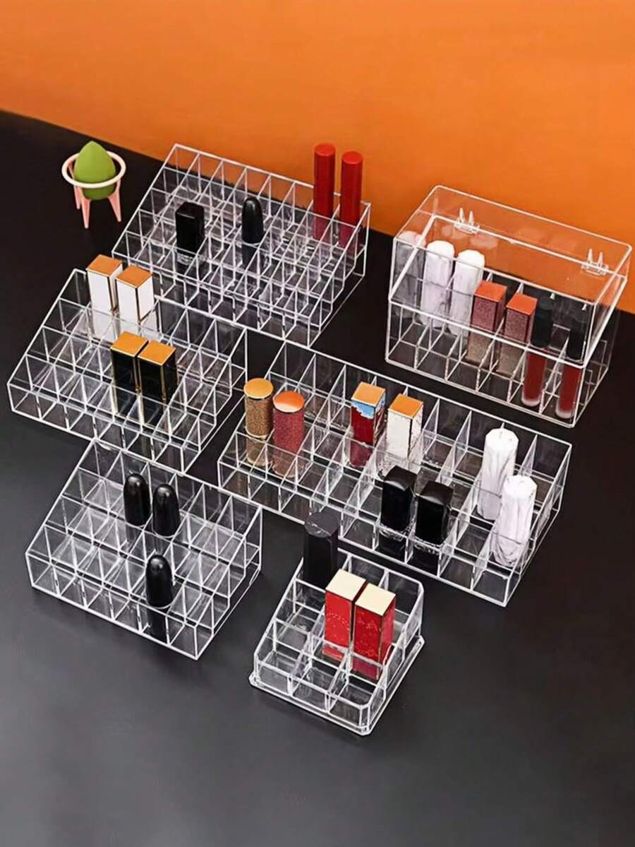 1pc/Lipstick Storage Box, Simple Transparent Plastic Multi-Grid Cosmetic Storage Box, Perfume Lipstick Organizer, Daily Dressing Table Skincare Sample Display Rack