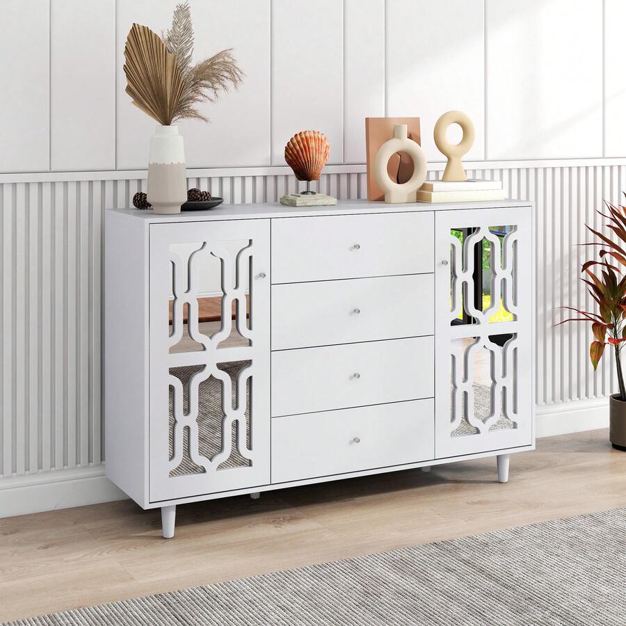 Sideboard Made Of Wood With Storage With Drawers With Doors White For Dining Room And Living Room - 白色 - 查看 1