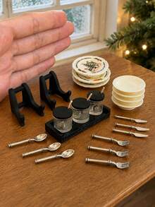 Miniature Model House Vintage Tableware Storage Accessories, Plate Knife Fork Spoon Condiment Jar Display Rack Tray Model, Dollhouse Kitchen Scene Decor Accessories - one-size - View 2