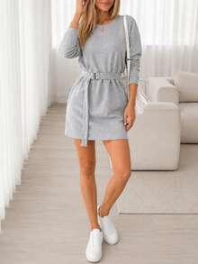Women's Fashion Versatile Long Sleeve Double Pocket Dress For Daily Wear - Grey - View 3