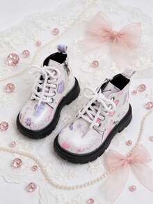 1 Pair Kids Cute Doodle Pattern Boots With Lace-Up And Side Zipper, Suitable For Holiday Parties, Daily Outings, School Commute, Autumn/Winter - Pink - View 8