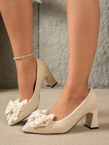 Women's Casual Minimalist Fashionable Elegant Commuter Versatile Spring Autumn Winter Comfortable Ball Pointed Toe Chunky Heel High Heel Bow Knot Pumps - Beige - View 4