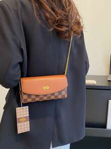 Classic Checkerboard Patchwork Contrast Color Shoulder Bag, Horizontal Compact Body Can Store Phone, Lipstick, Powder, Keys And Other Small Personal Items, Paired With Metal Chain Strap, Flap Magnetic Closure, Suitable For Commuting, Work, Dating, Shopping And Daily Outings - Brown - View 7
