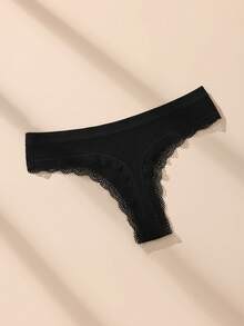 9pcs Black Lace Patchwork Ribbed Cotton Sexy Women's Thong - Black - View 6