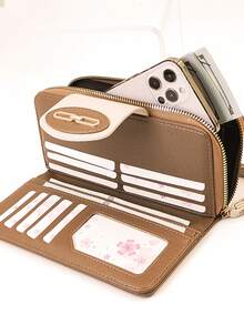 Women's Mini Handheld Phone Wallet, Exquisite Snap Closure Colorblock Patchwork Soft PU Long Wallet, Multifunctional Large Capacity Card Holder, Zipper Coin Purse, Lightweight And Fashionable - Brown - View 2