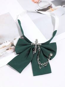 1PC Black/Red/Green/Khaki Bow Tie With Rhinestone Cross & Heart Chain Decor Adjustable Shirt Collar Accessory - Multicolor - View 10