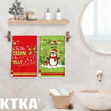 2PCS Christmas Penguin Kitchen Towels, Red Green Tis The Season Candy Cane Holly Print Dish Towels, Xmas Holiday Decor Hand Tea Towels For Kitchen Home - Multicolor - View 7