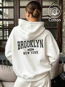 Women's Casual White Brooklyn New York Graphic Hoodie, Long Sleeve Drop Shoulder Pullover Sweatshirt For Streetwear And Fall Outfits - White - View 10