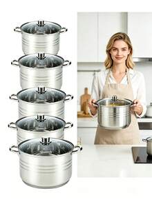 1 Pc Large‑Capacity Stainless Steel Double‑Handled Deep Stock Pot With Tempered Glass Lid, Multiple Sizes Available, Thickened Composite Bottom, Compatible With Gas And Induction Cooktops, Suitable For Soup‑Making And Meat Stewing In Home Kitchen - View 1